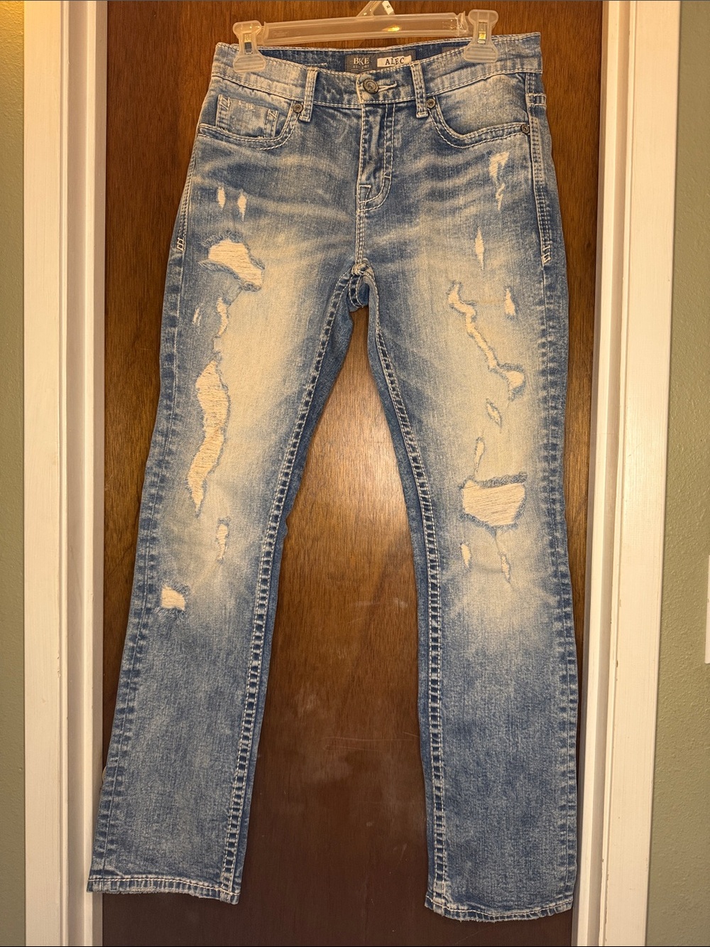 BKE Men's Slim Straight Distressed Light Blue Jeans